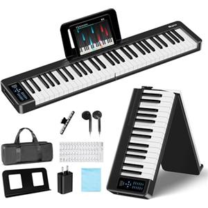 Rhymo Tastiera pieghevole per pianoforte, 61 tasti sensibili per pianoforte elettrico, tastiera elettrica portatile ponderata con Bluetooth MIDI, tastiera digitale pieghevole per principianti, viaggio