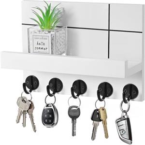 Jemyxhw Portachiavi da Parete, Portachiavi da Muro, Appendiabiti da Parete con Mensola, con 5 Ganci per Chiavi, per Ingresso, Cucina, Ufficio, Soggiorno (Bianco)