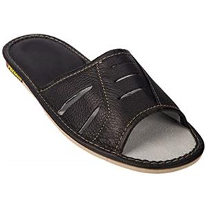 APREGGIO - Ciabatte Estive da Uomo in Pelle Liscia - Pantofole Casa Uomo - Punta Aperta - Slip-On - Suola Piatta - Nero - Taglia 46 EU