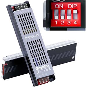 GEEKLUX Trasformatore LED 220V 24V, Alimentatore Dimmer 400W, Driver Led Senza Rumore e Senza Sfarfallio, Dimmerabile, Compatto e Sottile, IP20, Alimentatore 24V per Strisce LED e Stampante 3D