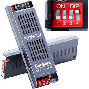 GEEKLUX Trasformatore LED 220V 12V, Alimentatore Dimmer 200W, Driver Led Senza Rumore e Senza Sfarfallio, Dimmerabile, Compatto e Sottile, IP20, Alimentatore 12V per Strisce LED e Stampante 3D