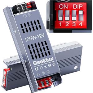 GEEKLUX Trasformatore LED 220V 12V, Alimentatore Dimmer 100W, Driver Led Senza Rumore e Senza Sfarfallio, Dimmerabile, Compatto e Sottile, IP20, Alimentatore 12V per Strisce LED e Stampante 3D