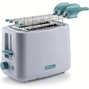 Ariete 157 Tostapane Breakfast, 760W, Capacità 2 fette di pane, Pinze in acciaio inox, 7 livelli di doratura, Pulsante stop, Tocco freddo, White & Aegean Teal