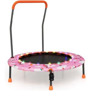 COSTWAY Trampolino per Bambini da Interno ed Esterno, Tappeto Elasctico Bambini 3-6 Anni in Acciaio con Maniglia Rimovibile, Luci LED, Cuscinetti Antiscivolo e Copertura Protettiva (Rosa)