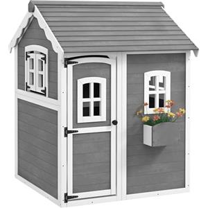 Outsunny Casetta per Bambini 3-8 Anni con 6 Finestre e Fioriera, Casetta da Gioco in Legno di Abete, 104.5x110x137 cm, Grigia