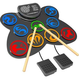 CNAPXAIA Batteria Elettronica, Batteria per Bambini Portatile con Altoparlante Stereo Integrato, Batterie Musicali Strumenti Professionale in 9 Pad Silicone per Regali di Compleanno e Natale