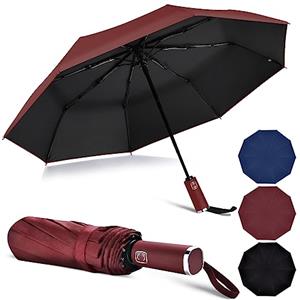 Vicloon Ombrello Pioggia Ombrello Pieghevole Automatico Anti-Tempesta, 10 Stecche Rinforzate Ombrello Antivento Resistente Leggero, Doppio Baldacchino Strato con Rivestimento in Teflon, Rosso Vino