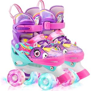 WESKIFAN Unicorno Pattini a Rotelle Bambina Pattini Regolabili Pattini a 4 Ruote con Tutte Ruote LED per Principianti Bambini Ragazza Regalo di Natale Compleanno