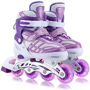 Ylaide Pattini in Linea per Bambini Regolabili,4 Misure Regolabili con Ruote Luminose per Ragazze Principianti(Viola, S (EU28-32))