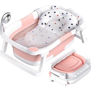 Rabb 1st Vaschetta Bagnetto Neonato Pieghevole, Vasca per Bambini Portatile con Tappetino Antiscivolo e Foro di Scarico,Nessun Termometro,Rosa