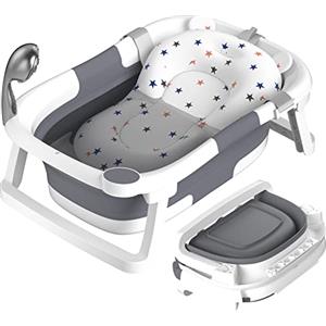 Rabb 1st Vaschetta Bagnetto Neonato Pieghevole, Vasca per Bambini Portatile con Tappetino Antiscivolo e Foro di Scarico,Nessun Termometro,Grigio