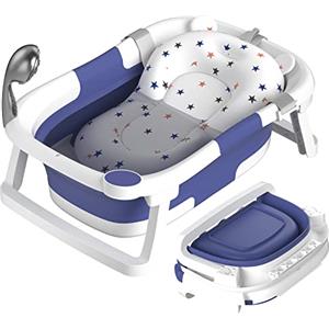 Rabb 1st Vaschetta Bagnetto Neonato Pieghevole, Vasca per Bambini Portatile con Tappetino Antiscivolo e Foro di Scarico,Nessun Termometro,Blu