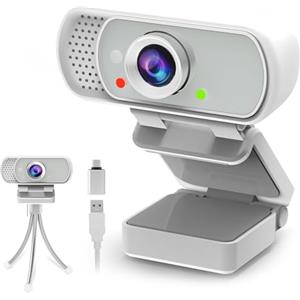 ToLuLu Webcam con treppiede Privacy Shutter: webcam FHD 1080p con microfono, Plug & Play USB A USB C Webcam con supporto, microfono grandangolare bianco con cancellazione del rumore, webcam compatta per