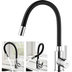 Auralum Rubinetto da cucina flessibile con beccuccio alto orientabile liberamente, miscelatore per lavello flessibile in ottone cromato e nero, rubinetto monoforo per acqua calda e fredda