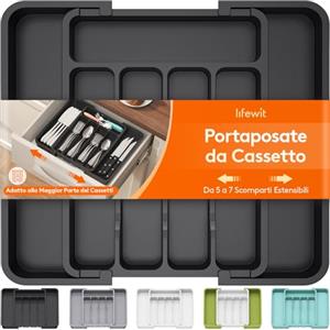 Lifewit Silverware - Organizer per cassetti, espandibile, senza BPA, per cucina, posate e posate, regolabile, per cucchiai, forchette, coltelli, organizer da cucina in plastica, nero