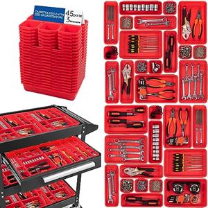 Giklux 45 Pezzi Cassetta Attrezzi Organizer Cassetti, per Viti Minuteria, Attrezzi Banco da Lavoro, Scatole Vassoio Portaoggetti Organizzatore Cassetti Plastica, per Carrello Porta Attrezzi, Garage - Rosso
