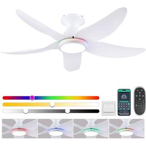 Surtime Ventilatore da soffitto con illuminazione silenzioso, 117 cm, con luce e telecomando, per camera da letto, soggiorno, 6 velocità, dimmerabile, motore DC reversibile, ali in legno (bianco)