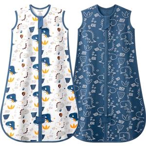 MIKAFEN Confezione da 2 Sacchi Nanna Estivi per Bambini 0,5 Tog, 100% Cotone Sacco Nanna Estivo per Bambini per Ragazzi e Ragazze, Dinosauro e Blu Scuro, 6-14 Mesi