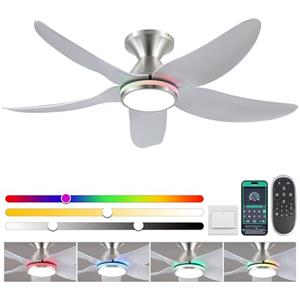 Surtime Ventilatore da soffitto con illuminazione silenzioso, 117 cm, con luce e telecomando, per camera da letto, soggiorno, 6 velocità, dimmerabile, motore DC reversibile, ali in legno (nichel)