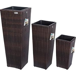 Casaria Deuba Fioriera in Polirattan Intrecciato a Mano Vaso Portafiori Set 3 pz Fioriere Cassette per Fiori Marrone