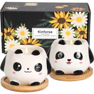 Kinforse Adorabile set regalo di candele di soia a forma di panda - Confezione da 2 candele regalo per donne con vassoio in bambù, regalo di compleanno per aromaterapia, relax o regali unici per le