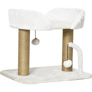 PawHut Torre per Gatti max 5kg in Truciolato con Tiragraffi in Juta, Albero per Gatti con Palline Giocattolo e Rivestimento in Peluche, 48x38x42 cm, Giallo e Bianco