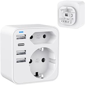 HANYEAL Adattatore Presa Inglese,Adattatore Presa Inglese a Spina Italiana, Adattatore UK per Gran Bretagna, Qatar, Irlanda, Gambia, Adattatore Prese Inglesi 3250W, Adattatore Spina Inglese con 4 USB