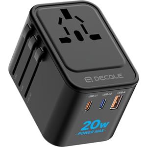 decqle Adattatore Universale da Viaggio, Presa Universale da Viaggio con 2 USB-C(PD 20W) e 1 USB-A e 1 AC, Adattatore da Viaggio Italia Inghilterra Germania America Australia e 224+ Paese(nero)
