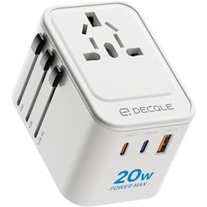 decqle Adattatore Universale da Viaggio, Presa Universale da Viaggio con 2 USB-C(PD 20W) e 1 USB-A e 1 AC, Adattatore da Viaggio Italia Inghilterra Germania America Australia e 224+ Paese(bianca)