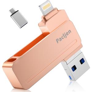 Pacljen Chiavetta USB per iPhone [MFi Certified] 3 in 1 Pen Drive USB 3.0 con Lightning e USB C,256GB Memoria Esterna per Backup Rapido, Compatibile con iPhone/iPad/Android/Mac/PC (256GB,Rosa)