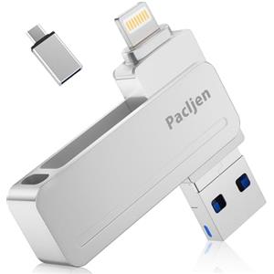 Pacljen Chiavetta USB per iPhone [MFi Certified] 3 in 1 Pen Drive USB 3.0 con Lightning e USB C,256GB Memoria Esterna per Backup Rapido, Compatibile con iPhone/iPad/Android/Mac/PC (256GB,Argento)