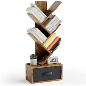 Xbro Libreria a forma di albero, libreria a forma di albero con cassetto in tessuto, a 5 livelli, in legno, per soggiorno, camera da letto, ufficio, 39 x 19,5 x 89,5 cm, marrone vintage
