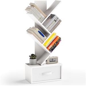 Xbro Libreria a 5 livelli, a forma di albero con cassetto in tessuto, per CD, DVD, in legno, per soggiorno, camera da letto, ufficio, 39 x 19,5 x 89,5 cm, bianco