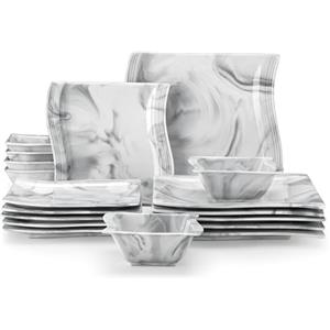 MALACASA Serie FLORA, Servizio da Tavola in Porcellana per 6 Persone, Set di 18 Pezzi con 6 Piatti Piani 26 cm, 6 Piatti da Dessert 20 cm e 6 Ciotole per Cereali 450 ml, Marmo Grigio