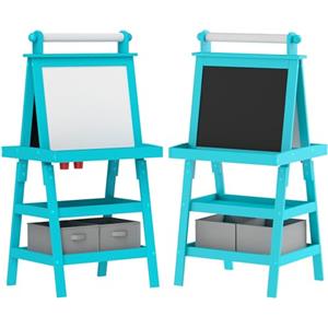 AIYAPLAY Lavagna per Bambini Cancellabile a Doppia Facciate con 2 Contenitori e Rotolo di Carta, Cavalletto Artistico in Legno con Lavagna Magnetica per Pittura e Regalo, 3-6 Anni, Blu