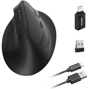 Wowssyo Mouse wireless ergonomico 3 modalità [Bluetooth 5.2, 2.4G, cablato] Wireless verticale, mouse bluetooth senza fili 1200/1600/2400/3200/6400/9600 DPI, ricaricabile, 6 tasti, PC/Mac nero