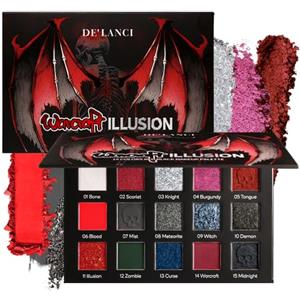 DE'LANCI Palette di ombretti rossi e neri, 15 colori rossi, per trucco gotico, grigio e argento, ombretto glitterato, ombretto rosso bordeaux, per Halloween, vampiro clown, vegano