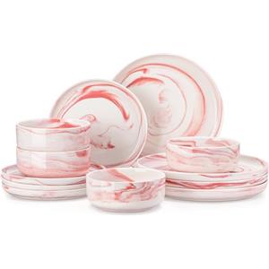 MALACASA Serie LUNA Set di Piatti in Porcellana Marmo Rosa per 4 Persone con Piatti Piani Grandi, Piatti da Dessert, Ciotole, Servizio di Piatti Rotonde 12 Pezzi