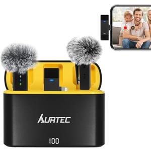 Aurtec Microfono Lavalier wireless con custodia di ricarica per iPhone, iPad con porta Lightning, set di 2, Plug & Play, portata 30 m, cancellazione del rumore e batteria grande