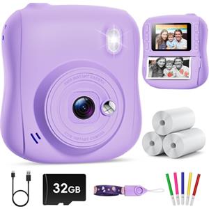 Hangrui Macchina Fotografica Bambini Istantanea, 2,0 Pollici Fotocamera Istantanea Bambini con 32GB Scheda, 1080P Fotocamera Digitale Bambini, Giocattolo Regalo di Natale Bambina 3-10 Anni -Viola