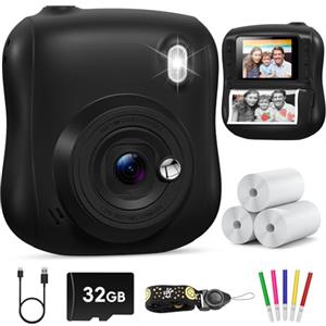 Hangrui Macchina Fotografica Bambini Istantanea, 2,0 Pollici Fotocamera Istantanea Bambini con 32GB Scheda, 1080P Fotocamera Digitale Bambini, Giocattolo Regalo di Natale Bambina 3-10 Anni -Nero