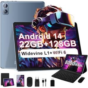Dghrti 2025 Newest Tablet 10 pollici Android 14, 22GB RAM+128GB ROM/TF 1TB, 8-core 2.0GHz, 8000mAh, Corpo in Metallo, Doppio WiFi, GPS, BT5.0, 8MP+5MP, Widevine L1, Con Tastiera e Mouse, Gray