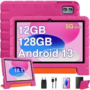 ZIOVO Tablet 10 Pollici Android 13 Tablet, 12GB RAM+128GB ROM(TF 1TB), 5G WiFi Tablet, Octa-Core 2.0 GHz,BT 5.0/8+5 MP/6000mAh/Widget/Tablet per Bambini,Tablet con EVA Caso - Rosa