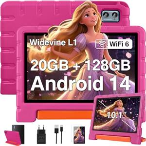 ZIOVO Tablet 10 Pollici Android 14 Tablet Bambini, 20GB RAM+128GB ROM(TF 1TB),WiFi 6, Widevine L1/Octa-Core/BT 5.0/8+5 MP/6000mAh/Tablet per Bambini,Tablet con EVA Caso - Rosa