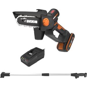 WORX 18V(20V MAX) NITRO Mini Motosega a Batteria 5 Pollici WG325E.1, con Asta di Prolunga da 125 cm, Motore Brushless, PowerShare, Motosega Elettrica, con Batteria e Caricabatterie