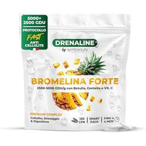 SYMBEAUTY Bromelina Forte Drenante 2500+5000 GDU (120cpr - Fino a 4 mesi) + Protocollo Fast Anticellulite | Bromelina, Centella, Betulla e Vitamina C. Integratore Cellulite Drenaggio e Digestione - Vegano