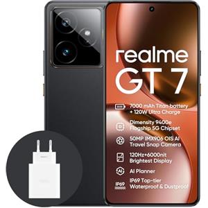 realme GT7 5G Smartphone,12+256GB,Batteria 7000mAh,120W charge,Processore Dimensity 9400e, Fotocamera IMX906 50MP, AI Planner, Display Pro-Esports da 6000 nit 120Hz,IP69,nero, esclusiva Amazon