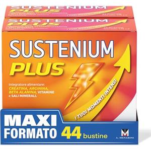 Sustenium Plus - lntegratore energizzante a base di uno specifico complesso di aminoacidi, vitamine e minerali. Per la tua energia fisica e mentale. Bipack 44 bustine