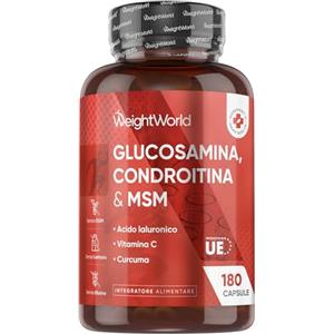 WeightWorld Glucosamina Condroitina MSM con Vitamina C, Acido Ialuronico e Curcuma, La Vitamina C Contribuisce alla Normale Formazione del Collagene per la Normale Funzione delle Ossa, 180 Capsule (per 6 Mesi)