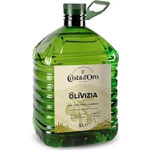 Costa d'Oro - Olivizia 5L. Olio extravergine realizzato con una selezione di raccolta tardiva delle migliori cultivar del Bacino del Mediterraneo. PET da 5L.